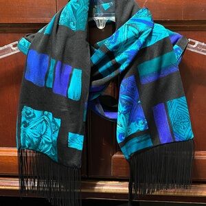 Vintage Black and Teal 74”long Patterned Scarf with Fringe